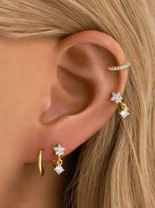 1 pieza Delicado juego de pendientes de aro abrazador de plata de ley 925 con flores y círculos, con Zirconia colgante, pendientes de oro hipoalergénicos para uso diario de mujer