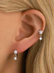 1 pieza Delicado juego de pendientes de aro abrazador de plata de ley 925 con flores y círculos, con Zirconia colgante, pendientes de oro hipoalergénicos para uso diario de mujer