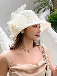 1 Peça Novo Chapéu Balde Elegante com Laço de Organza Primavera Feminino, Chapéu Estiloso, Leve, Proteção contra Vento/Sol, Adequado para Primavera/Verão, Presente para a Mãe