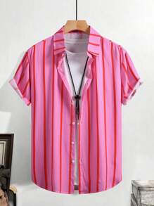 Camisa de manga corta de rayas rosa casual para hombre, ropa de verano ligera para vacaciones