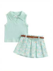 6M-4T Kids Toddler Girl Summer Outfit Solid Color Ribbed Sleeveless Tank Tops And Daisy Print Pleated Skirts With Belt 2Pcs Clothes Set - 綠色 - 查看 1