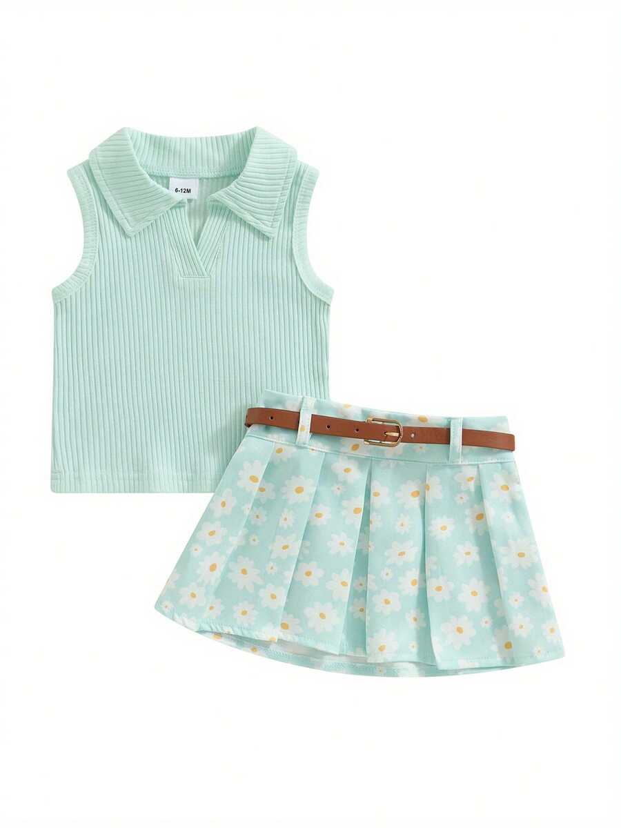 6M-4T Kids Toddler Girl Summer Outfit Solid Color Ribbed Sleeveless Tank Tops And Daisy Print Pleated Skirts With Belt 2Pcs Clothes Set - 綠色 - 查看 1