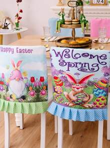 1 pieza Decoración de Pascua Funda para silla de imitación de lino impreso con diseño de conejo