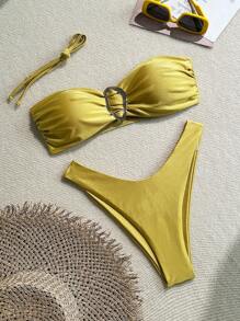 Women's Solid Color Strapless High Split Sexy Beach Vacation Bikini Swimwear Set For Summer - Yellow - View 1