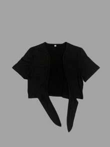 2025 Fashionable Sexy Lace-Up Short Sleeve Top - Black - View 2