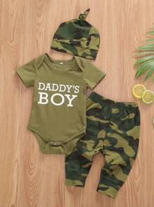 Conjunto de 3 piezas para bebés, niños y niñas: mono de manga corta, pantalón largo de camuflaje y gorro/diadema. - Verde militar - Ver 1