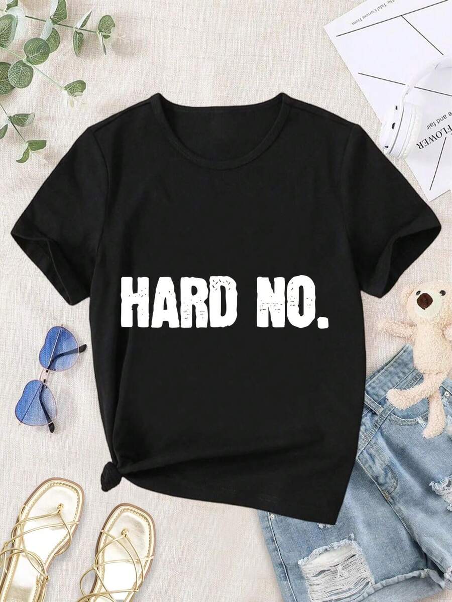 Women's Hard No T-Shirt Cool Funny Sassy Graphic Tees For Women - Black - View 1