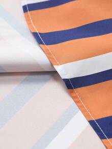 男士休闲条纹短袖衬衫，棕色底色配蓝白条纹，夏季 - 棕色 - 查看 6