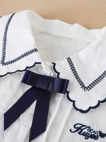 Top de Botões de Manga Curta para Meninas, Top Casual Elegante com Gola de Laço e Manga Bufante para Estudantes do Ensino Fundamental, Top Branca para Meninas Pequenas e Pré-Adolescentes, Novo Lançamento de Verão