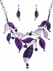 1 set Collier pendentif à feuilles émaillées colorées vintage et boucles d'oreilles pour femmes