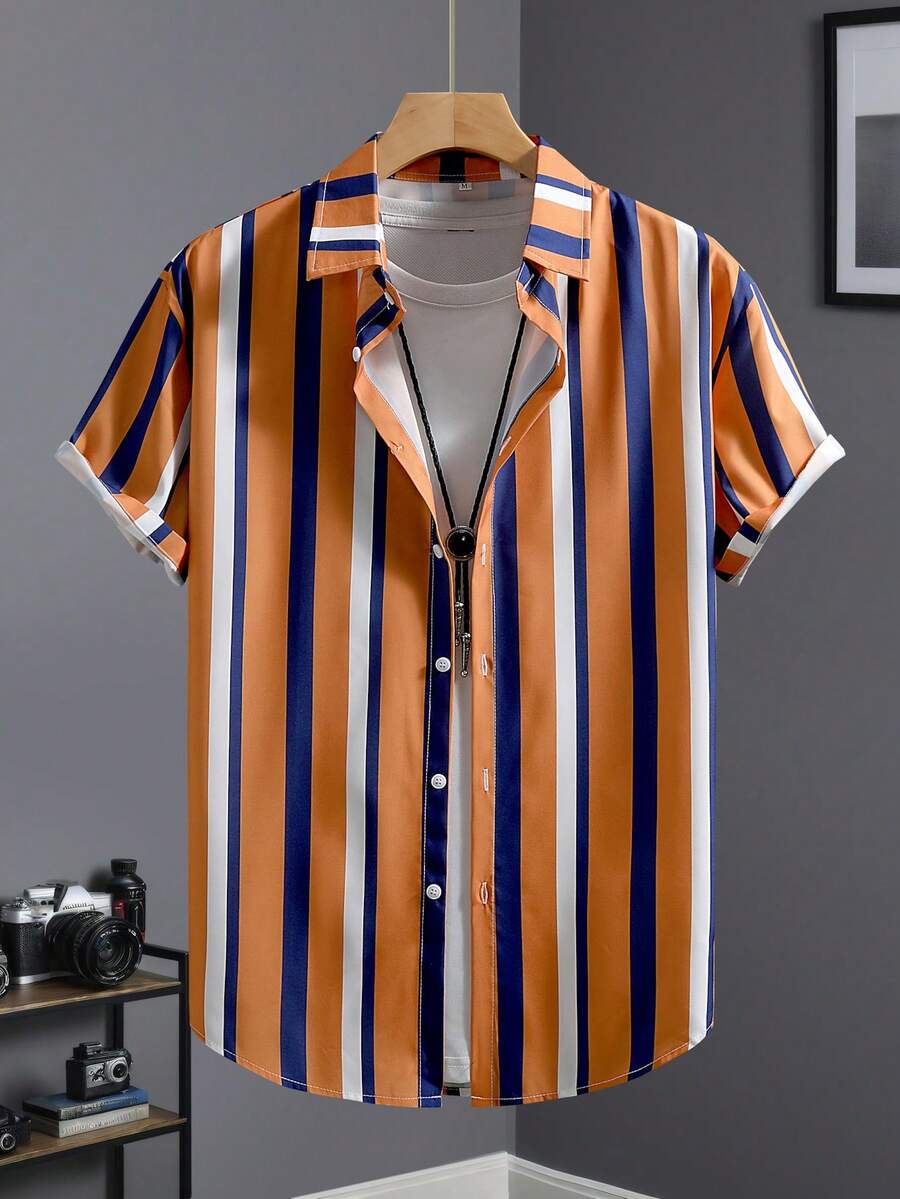 男士休闲条纹短袖衬衫，棕色底色配蓝白条纹，夏季 - 棕色 - 查看 1