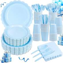 350Pcs Elegant Light Blue Paper Plates & Napkins Set - Serves 50 Guests - Scalloped Party Supplies With Cups & Gold Silverware For Mother's Day, Graduation 2026 & Baby Shower - 藍色 - 查看 1