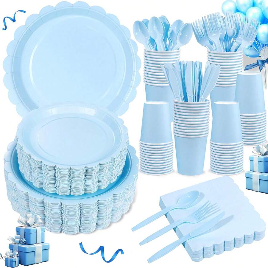 350Pcs Elegant Light Blue Paper Plates & Napkins Set - Serves 50 Guests - Scalloped Party Supplies With Cups & Gold Silverware For Mother's Day, Graduation 2026 & Baby Shower - 藍色 - 查看 1