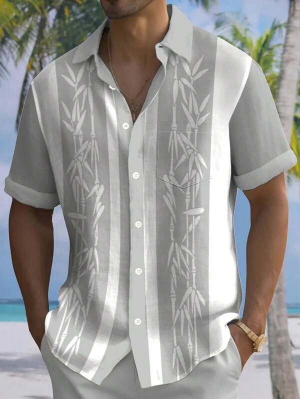 Hawaii Bamboo Guayabera Casual Shirts For Men, Short Sleeve Button-Down Pocket Aloha Shirt