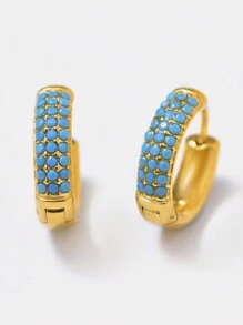 TONSI 1 par de pendientes de aro de acero inoxidable chapado en oro de 18k con turquesa azul y circonia incrustada de manera artesanal, estilo europeo y americano Ins para mujeres