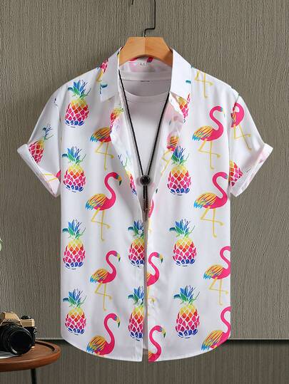 Men's Casual Short Sleeve Shirt, Hawaii Style Colorful Pineapple & Flamingo Print, Summer