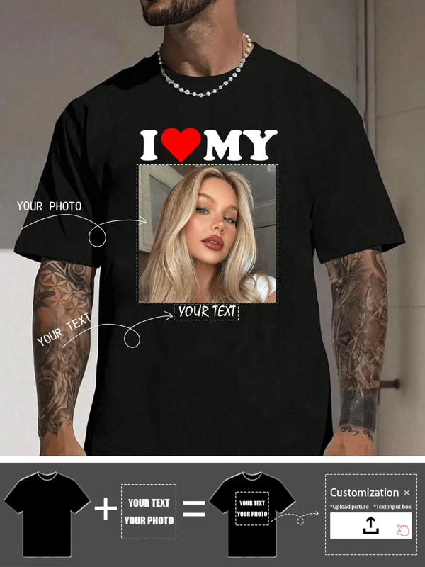 Customized Personalized Boyfriend Style Men's Loose Short Sleeve T-Shirt, Personalize With Your Own Photo Customizable Tee To Design T-Shirt For Party, Team, Couple Matching, Workwear, Family