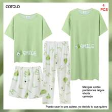 COTOLO Conjunto de 4 piezas de ropa informal para el hogar para mujer, cuello redondo, manga corta, pantalones largos, pantalones cortos y camisón, ligero y transpirable, con estampado lindo multicolor a la moda - verde claro - Ver 1