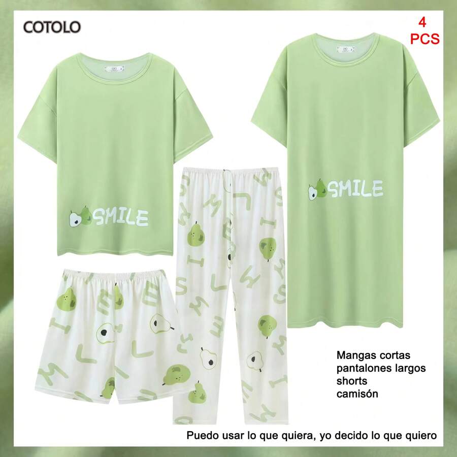 COTOLO Conjunto de 4 piezas de ropa informal para el hogar para mujer, cuello redondo, manga corta, pantalones largos, pantalones cortos y camisón, ligero y transpirable, con estampado lindo multicolor a la moda - verde claro - Ver 1
