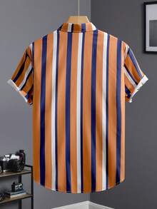 男士休闲条纹短袖衬衫，棕色底色配蓝白条纹，夏季 - 棕色 - 查看 2