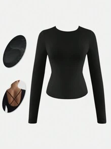 XLLAIS Sexy Big Backless Top With Strapless Breast Pads Crew Neck Long Sleeve Slim Fit Workout T Shirt