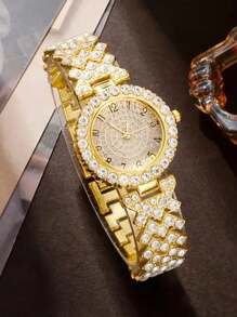6 pièces Montres Élégantes Avec Strass, En Acier Inoxydable, Mode Simple, Montre Bracelet De Luxe Pleine De Strass Quartz