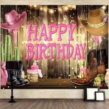 1pc Western Cowgirl Birthday Backdrop Banner - Polyester, No Power Needed, Suitable For Indoor & Outdoor Celebration, Multifunctional Party Decor With Cowboy Hat, Boots, Cactus And "Happy Birthday" Design - 1pc - View 2