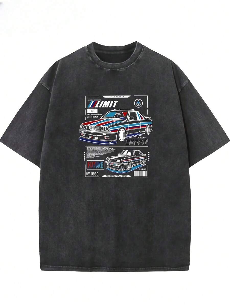 EWH Printed Washed Old T-Shirts Men's T-Shirts Casual Short-Sleeved T-Shirts Loose Short-Sleeved 230GDG004 - 黑色 - 查看 1