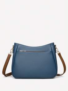 1pc Colorblock Decorative Litchi Leather Texture Large Capacity Multi-Compartment Crossbody Bag, Suitable For Women's Daily Use, Commuting Shoulder Bag For Autumn/Winter - Blue - View 6