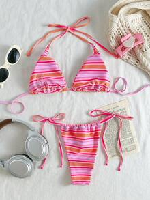 Women Vacation Stripe Printed Basic Swimwear For Summer Days From Poolside To Beachside, Everyday Triangle Tieside Bikini Beachwear - Multicolor - View 5