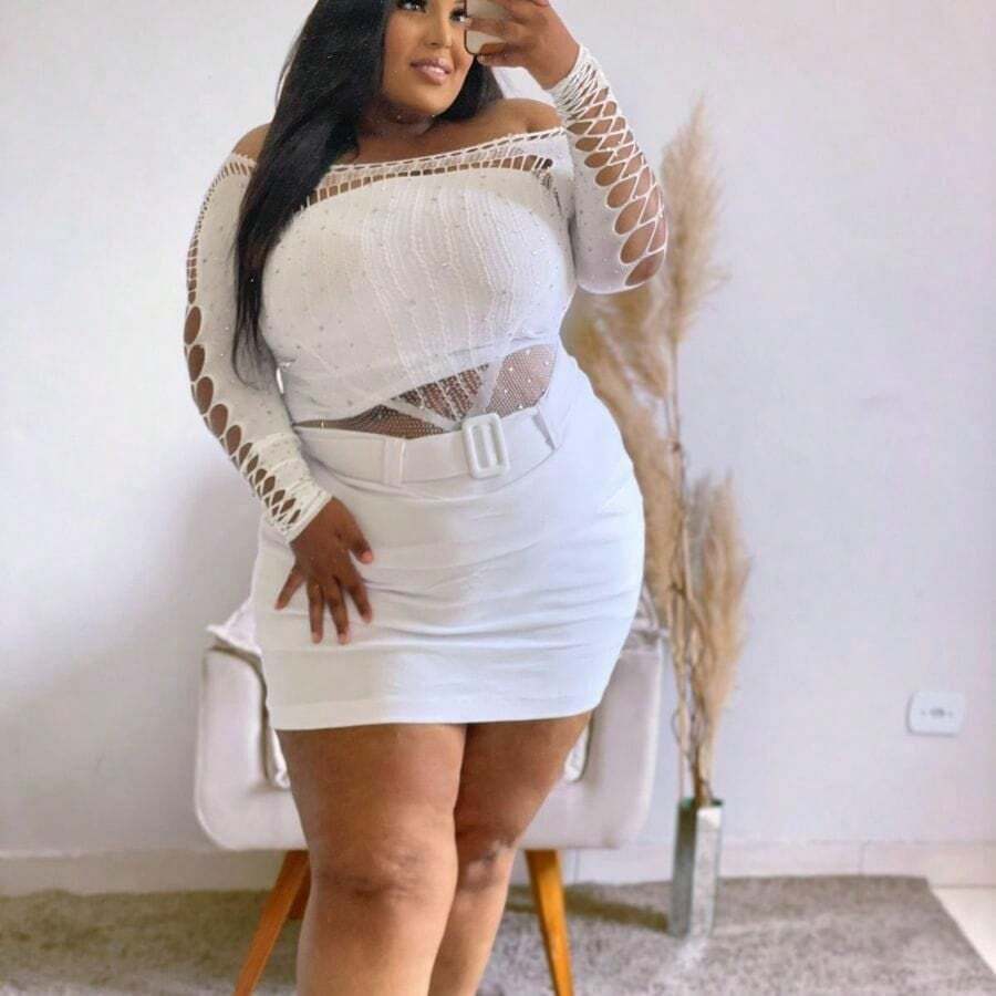 Party Wear Rhinestone Bodysuit + Top + Shorts Skirt Plus Size Set - trắng - Xem 1