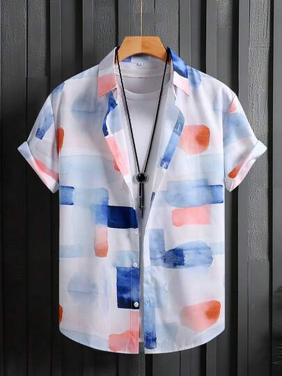 休闲男士短袖衬衫，黄蓝格子，夏季度假男士服装