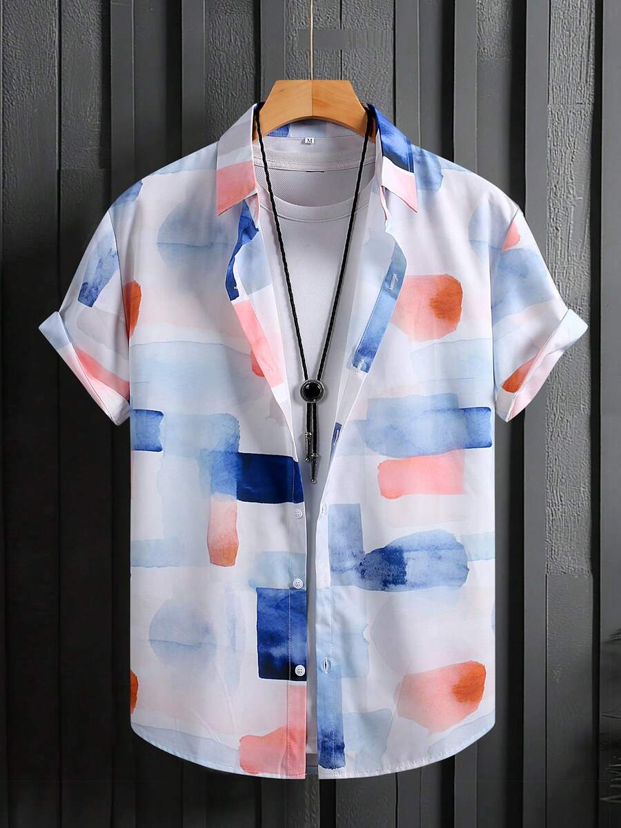 休闲男士短袖衬衫，黄蓝格子，夏季度假男士服装 - 藍白色 - 查看 1