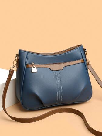 1st Colorblock Dekorativ Litchi-lädertextur Stor kapacitet Crossbody-väska med flera fack, lämplig för kvinnors dagliga användning, pendlingsaxelväska för höst/vinter