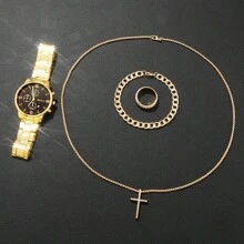 4pcs Men's Luxury Gold-Tone Quartz Watch Set With Date Function, Round Roman Numeral Dial, Zinc Alloy Case, Battery Powered - Great Gift For Him - Gold - View 2