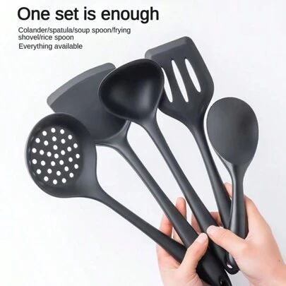 1/5 件黑色不粘锅厨房用具套装，硅胶铲，耐热铲，勺子，漏勺，饭勺，撇勺，带方便挂钩，厨房小工具