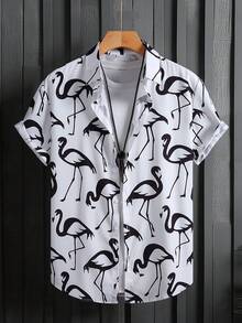 男士休闲短袖衬衫，夏季男士时尚纽扣衬衫，复古鸟图案 - 黑與白 - 查看 1