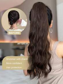 22 Inch Brown Long Wavy Curly Ponytail Hair Extensions, Wrap Around Clip-In, Suitable For Women's Daily Use - Brown - View 4