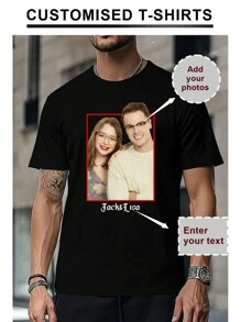 Camiseta de manga corta casual de cuello redondo y holgada personalizada para hombres - Agrega tus propias imágenes y tu texto para diseñar tu camiseta impresa personalizada (Foto familiar/Selfie/Foto de mascota/Foto de amigo/Foto de pareja/Foto de novia/Regalos/Logo para parejas/Camiseta personalizable para esposo, novio o novia) - Negro - Ver 1
