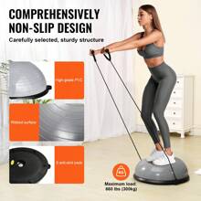 Half Fitness Ball Trainer, 23" And 26" Balance Ball Trainer, 660lb And 1500lb Capacity Stability Ball, Yoga Ball With Resistance Band And Pump, Power Fitness Ball For Home Gym, Full Body Workout, Black And Blue And Pink And Gray And Purple, Top With Non-Slip Texture, Includes Wood Grain, Wave And Crescent Patterns - 23" 660 Lb Capacity Gray Wave Pattern - View 4