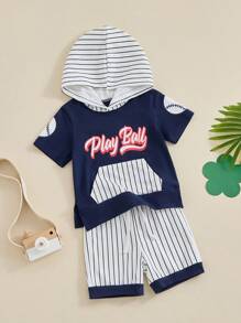 Kids Boys Shorts Set, Short Sleeve Letters Baseball Print T-Shirt With Striped Shorts Toddler Set Summer Outfit