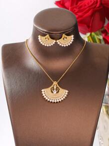 3 件套：镀金铜项链，镶嵌锆石和珍珠，镂空设计耳环和项链首饰套装，时尚精致百搭新娘派对配饰 - 金色 - 查看 1