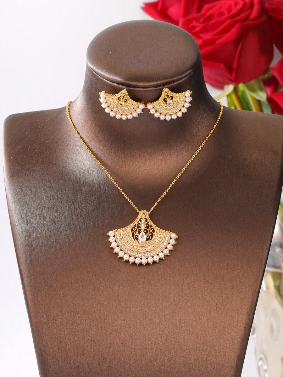 3 件套：镀金铜项链，镶嵌锆石和珍珠，镂空设计耳环和项链首饰套装，时尚精致百搭新娘派对配饰 - 金色 - 查看 1