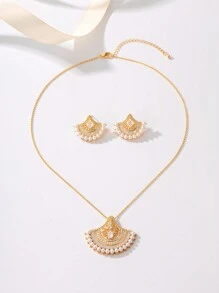 3 件套：镀金铜项链，镶嵌锆石和珍珠，镂空设计耳环和项链首饰套装，时尚精致百搭新娘派对配饰 - 金色 - 查看 3