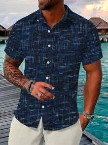 Camisa hawaiana para hombres con estampado geométrico de líneas y bolsillo con botones, de manga corta - Azul Marino - Ver 1