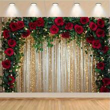1pc Gold Glitter Backdrop With Red Roses And Green Leaves - Silk Arch, Suitable For Wedding, Bridal Shower, Anniversary And Party - Multipurpose Photo Background, No Power Required - 1pc - View 5