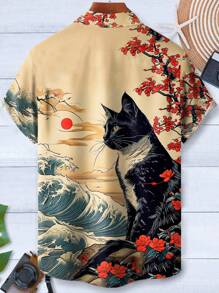 Japanese Ukiyo-E Plum Blossom Cat Print Men's Button Down Pocket Short Sleeve Hawaiian Aloha Shirt - Yellow - View 2