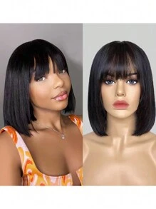 Peluca corta tipo bob con flequillo, cabello humano sin pegamento, densidad de 180%, textura recta, con mejora de 2x3 cabelludo realista, peluca de encaje natural negra con flequillo de cabello humano para mujeres - S1 - Ver 2