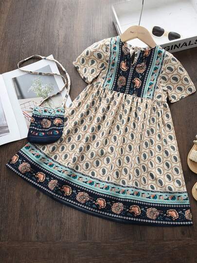 夏季年轻女孩优雅佩斯利印花拼布连衣裙，配包