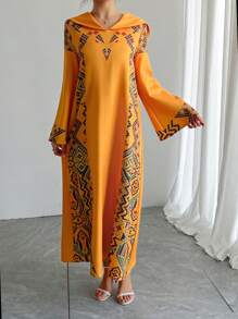 Solessence Middle Eastern Style Hooded Long Sleeve Dress, Yellow Luxury Arabic Traditional Print Abaya Dress, Special Occasion, Party, Festival Wear - Yellow - View 3